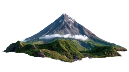Majestic Volcanic Mountain: A breathtaking view of a towering volcano, shrouded in mist, rises above lush, green terrain. Captured in a natural, captivating way