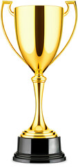 A highly polished golden trophy with a shiny black base against a solid black backdrop.
