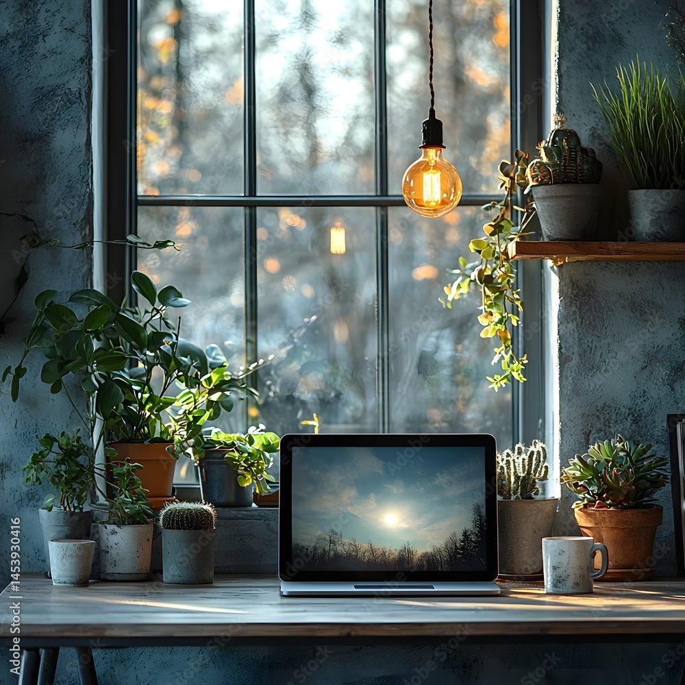 Poster minimalist workspace with tablet displaying video lecture and natural light