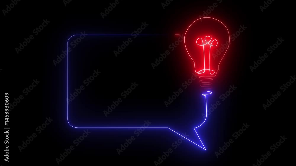 Poster glowing neon message icon animation with creative bulb. simple and creative business idea concept. 4