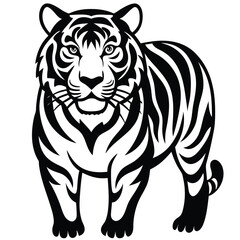 tiger head silhouette  vector illustration, Wild animal tiger silhouette EPS vector isolated illustration template on a white background, Black and white silhouette of a tiger walking with its tail.