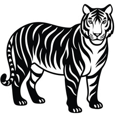 tiger head silhouette  vector illustration, Wild animal tiger silhouette EPS vector isolated illustration template on a white background, Black and white silhouette of a tiger walking with its tail.