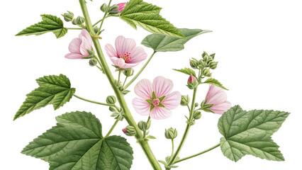 Herbal plant Althaea officinalis or Marsh-mallow on white or transparent background