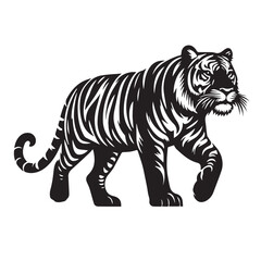 tiger head silhouette  vector illustration, Wild animal tiger silhouette EPS vector isolated illustration template on a white background, Black and white silhouette of a tiger walking with its tail.