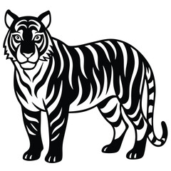 Obraz premium tiger head silhouette vector illustration, Wild animal tiger silhouette EPS vector isolated illustration template on a white background, Black and white silhouette of a tiger walking with its tail.