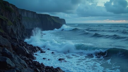 Dramatic coastal cliffs and waves under stormy sky