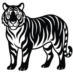 Fototapeta premium tiger head silhouette vector illustration, Wild animal tiger silhouette EPS vector isolated illustration template on a white background, Black and white silhouette of a tiger walking with its tail.