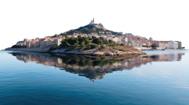 Seascape Cityscape: Capturing the beauty of a coastal city mirroring gracefully in the calm water, a scene of tranquility under the bright sky. 