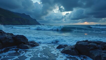 Fototapeta premium Dramatic ocean waves crashing on rocky shore at sunset under stormy sky