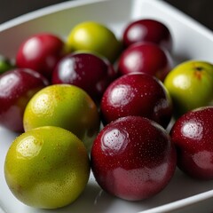 Mangosteen fruit is placed on a plate.