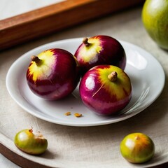 Mangosteen fruit is placed on a plate.