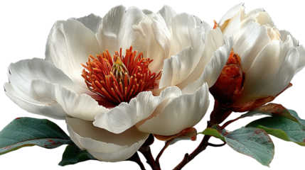 Floral Elegance: Close-up of a stunning peony blossom, its soft, layered petals of ivory embrace a vibrant orange heart, embodying natural beauty.