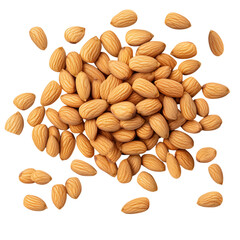  Almonds on a transparent background, top view of an open pile of fresh and delicious almond nuts