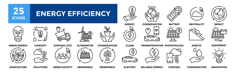 Energy Efficiency icon collection set. Containing design Energy Efficiency, Environmental Conservation , Battery Charger, Carbon Neutrality, Environmental Impact 