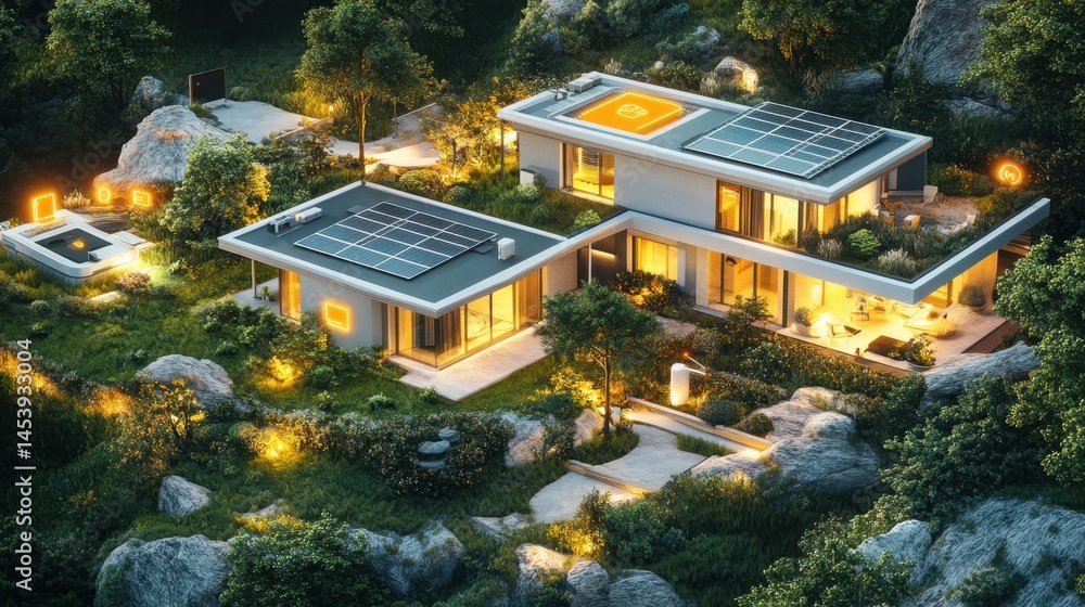Poster d render of an energy-efficient smart home with labeled iot energy devices and control units