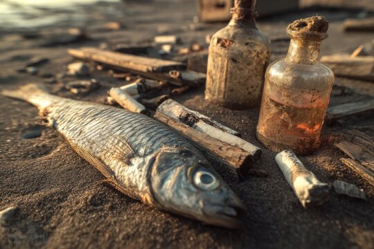 Stranded Fish Lies Near Vintage Glass Bottles and Cigarette Butts on Sandy Shoreline Under Evening Light