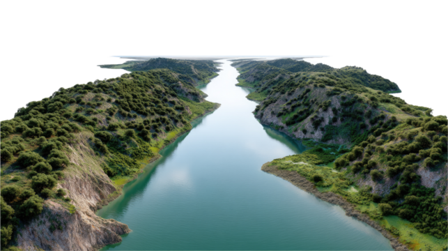 Serene River Valley: A tranquil aerial view of a verdant river valley, showcasing the captivating beauty of nature's artistry. The winding river, a ribbon of azure.