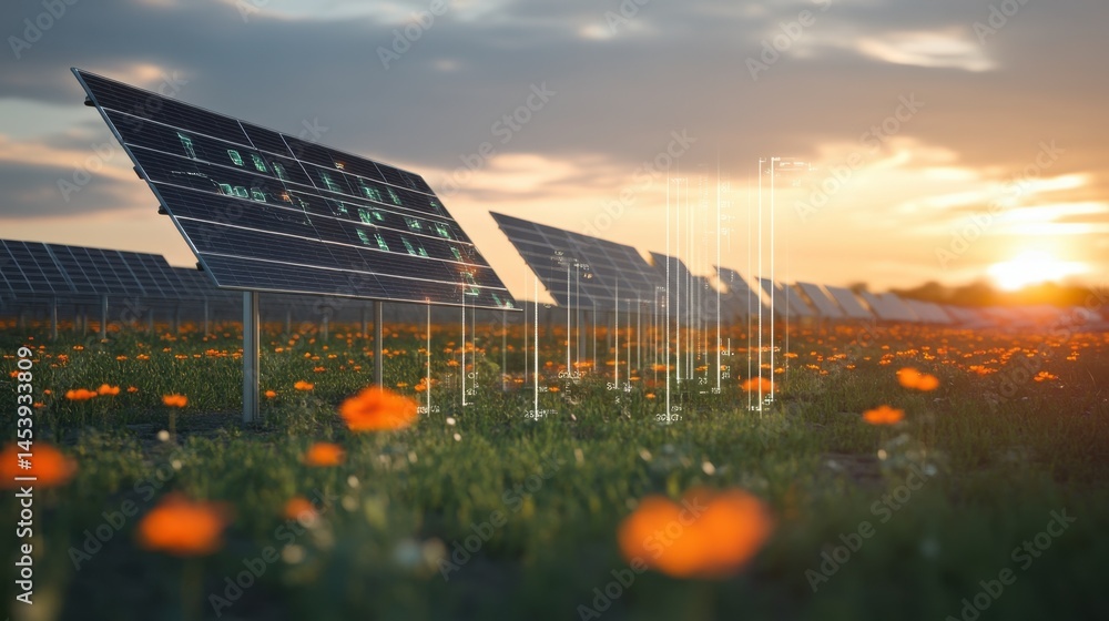 Poster augmented reality interface over a solar panel field with live efficiency data overlays