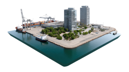 Urban Port Model: A detailed miniature of an urban port, showcasing modern architecture, cargo cranes, and a serene harbor, emphasizing the fusion of industry and the environment.