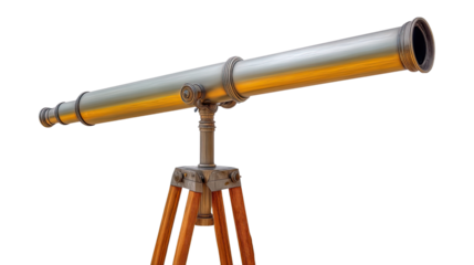 Vintage Telescope: A meticulously detailed antique telescope, capturing the elegance of its era, stands poised on a sturdy wooden tripod against the backdrop of the sky.