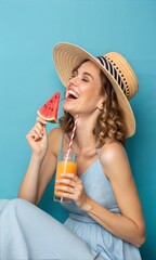Stylish young woman enjoying a fruit juice with a watermelon-shaped lollipop, wearing a straw hat against a blue background.