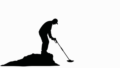 Fototapeta premium Man digging with metal detector silhouette, treasure hunting