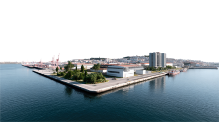 Harbor and Urban Harmony: An expansive image reveals a bustling harbor with various structures harmoniously integrated into an urban landscape. The image displays a serene water body.