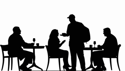 Waiter serving customers at outdoor café, silhouette scene