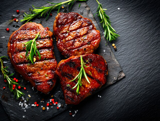 Fresh grilled bbq steaks on slate background