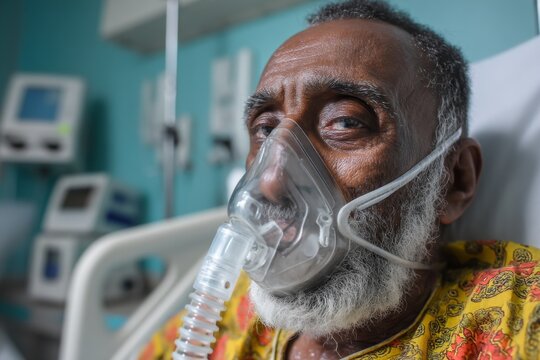 African senior man wearing non-invasive ventilation mask in hospital bed for respiratory support due to pneumonia treatment - Powered by Adobe