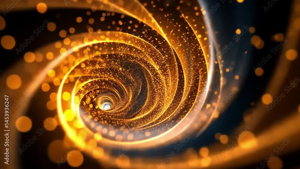 Poster mesmerizing spiral of golden particles in dynamic motion creates vibrant, abstract vortex of light, 