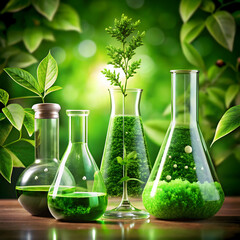 Green chemistry concept showing plant growth inside laboratory glassware with natural background