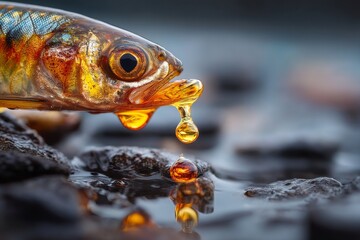 Detailed close up view of iridescent fish head with amber liquid dripping onto wet stones by shallow stream