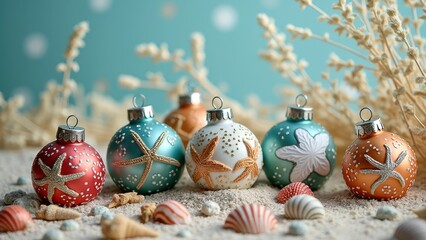 Beach-themed christmas ornaments with shells and starfish on sandy background