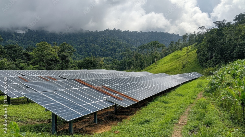 Poster large tilted solar array installed on a grassy slope, backed by dense forest and cloudy sky
