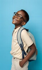 Fototapeta premium Cheerful Young Boy Wearing Glasses and Backpack Against Blue Background 