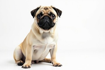 Adorable pug dog sitting, isolated on white background, brown, pug