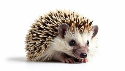 Obraz premium A tiny hedgehog, curled into a ball, isolated on pure white background , sharp, ball, thorn