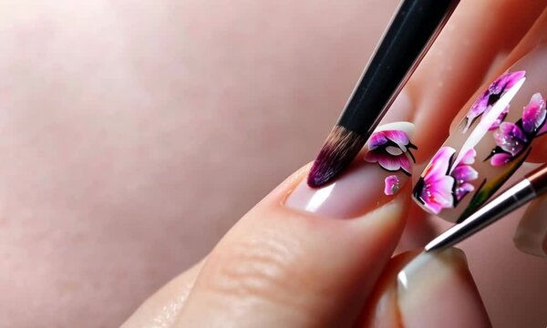 Nail art tutorial showcasing floral design application technique