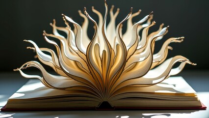 Open book with pages flowing like flames in dramatic lighting