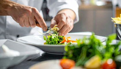 Chef preparing fresh salad dish in professional kitchen culinary art focused craftsmanship