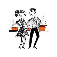 Charming Hand-Drawn Doodle of Couple Cooking Together in Kitchen