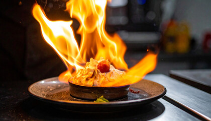 Flaming dessert creation restaurant kitchen food photography culinary environment close-up passion