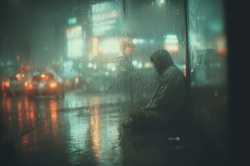 Naklejka premium Solitary figure sits hooded at bus stop, blurred cityscape reflecting in wet pavement on a rainy night with bokeh.