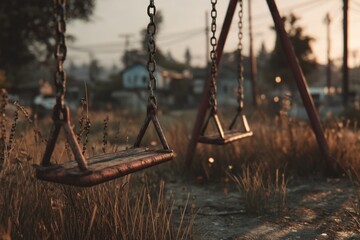 Aged swing set with chain supports in quiet park under soft light with rustic wooden seats, overgrown grass field