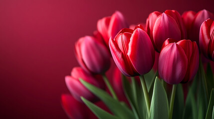 Fototapeta premium Vibrant Red Tulips in Close-Up Against a Soft Red Background mother's day Women's day
