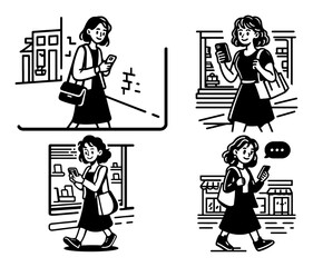 Hand Drawn Illustration of Girl Walking While Using Smartphone