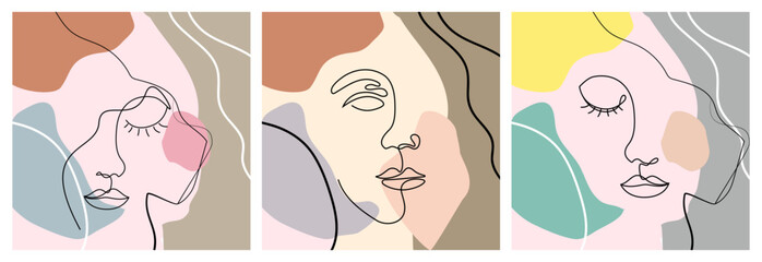 Female silhouette continuous line art. Set abstract modern collage of pastel geometric shapes in a modern trendy style. Print for t-shirt, postcard, poster