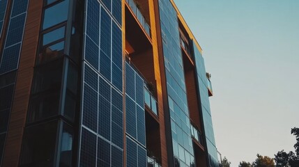 Obraz premium Wall-mounted vertical solar panels on the side of a tall office building