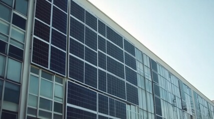 Fototapeta premium Wall-mounted vertical solar panels on the side of a tall office building